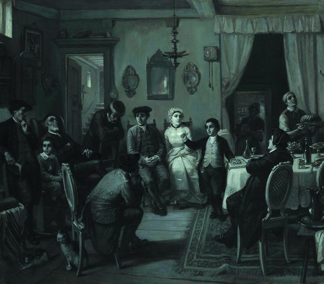 Painting of several men and a woman sitting next to boy speaking. 