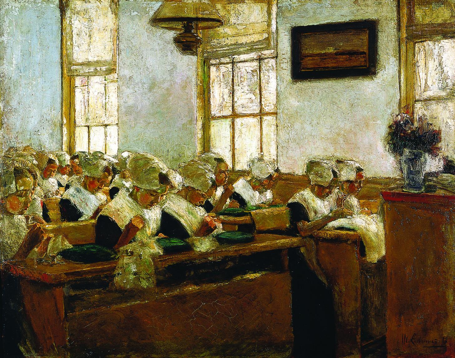 Painting of women seated at rows of desks sewing.