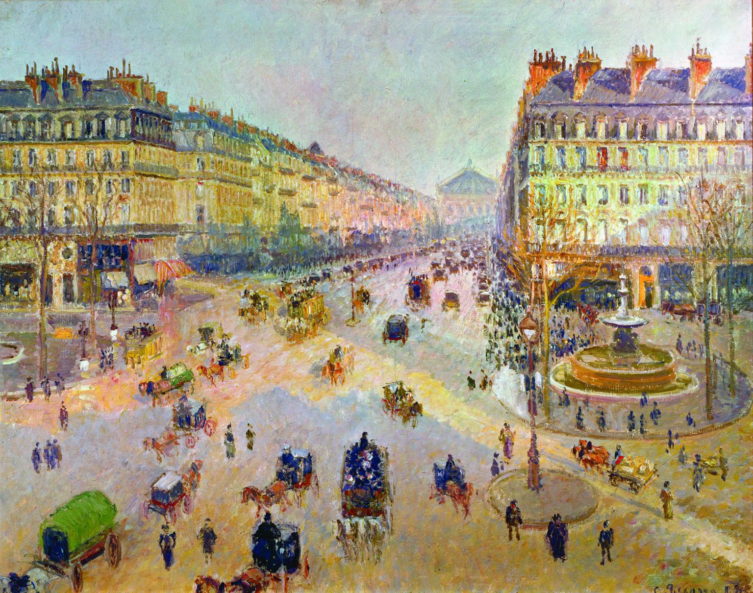 Painting depicting aerial view of sunny, busy city street with large fountain, and horses and wagons, and people walking throughout.  
