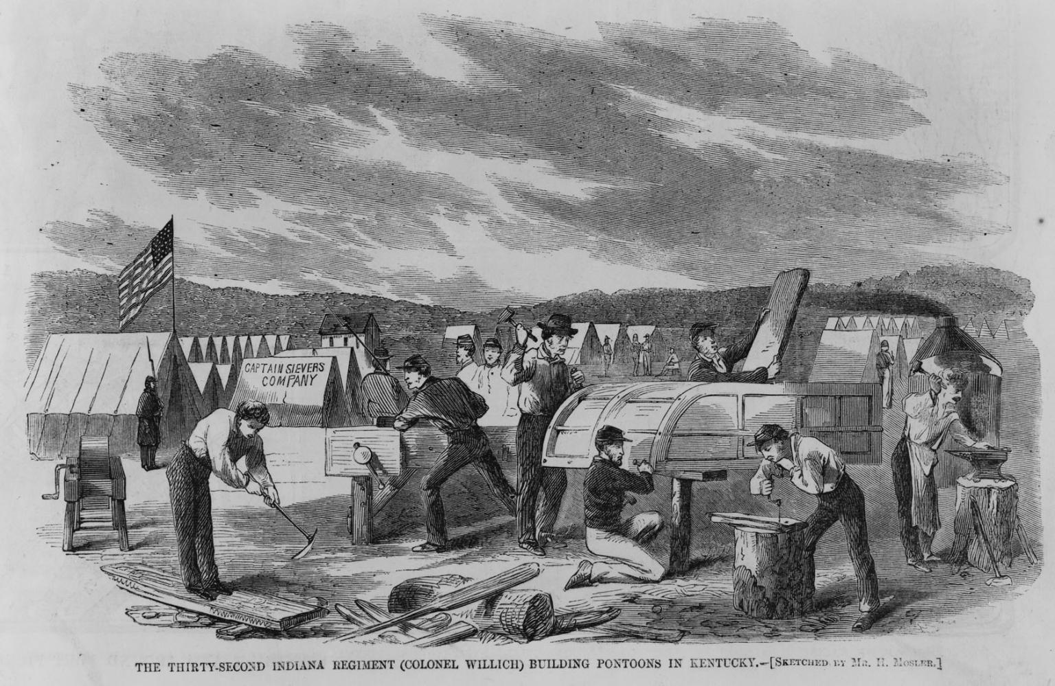 Drawing depicting men building vehicle at a campsite and English caption.