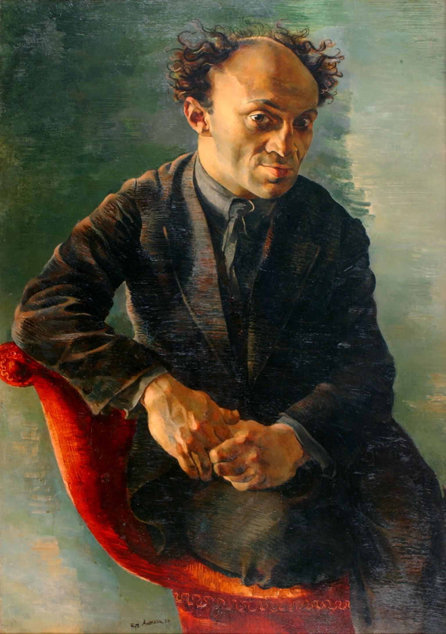 Painting of man sitting sideways in chair facing viewer with hands interlocked.