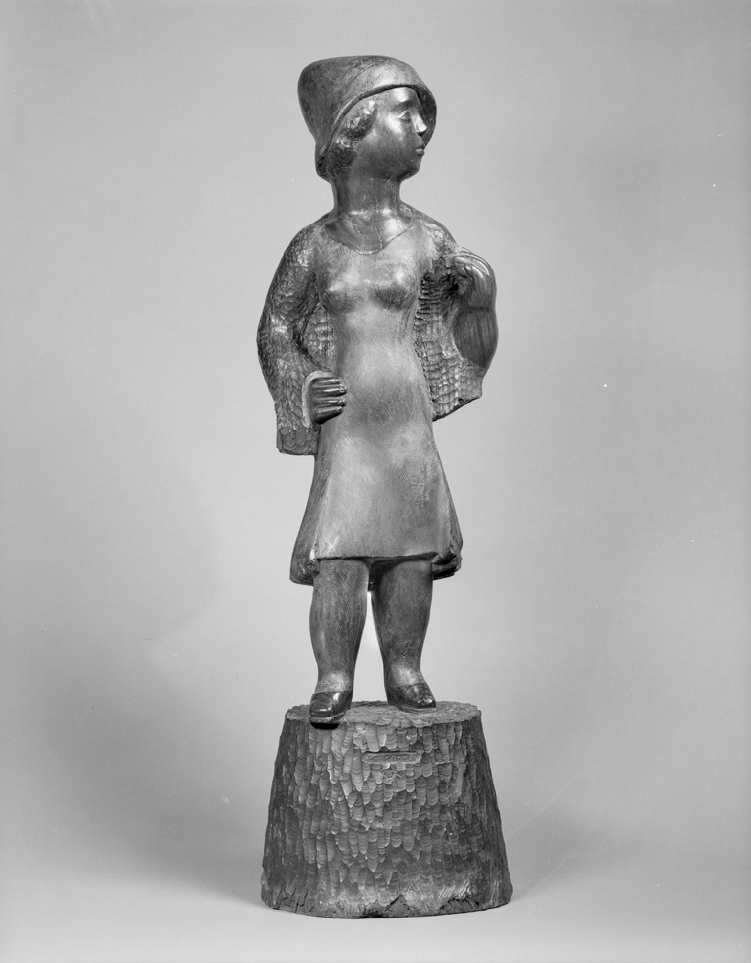Sculpture of woman wearing dress and hat looking to her left.