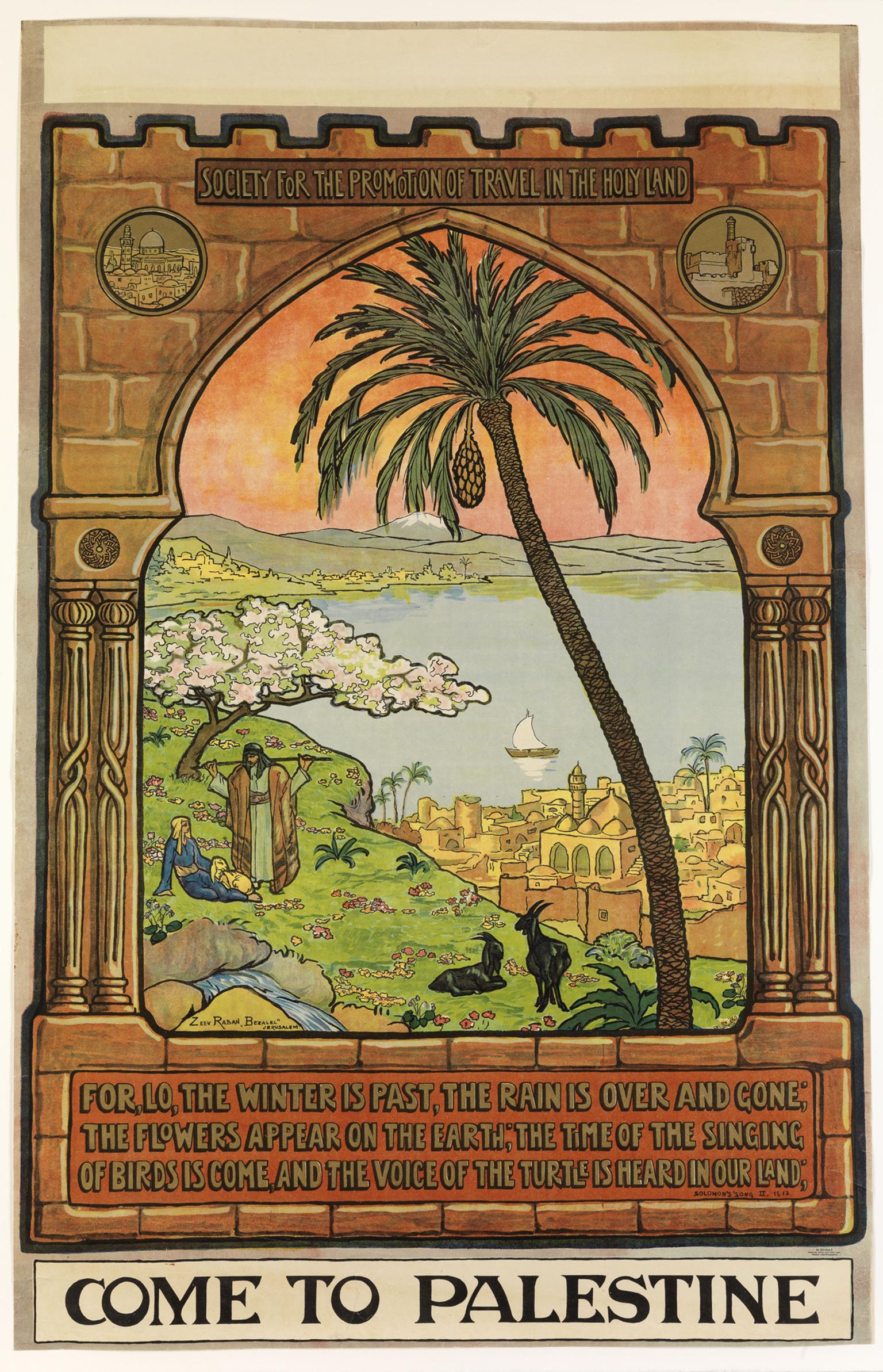 Poster of landscape with men and animals on a grassy hill overlooking a city, body of water, and mountains.