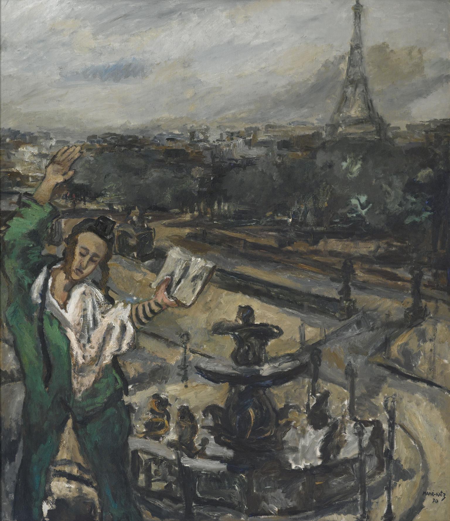 Painting of man with one arm raised in the air and the other holding a prayer book, with arms and head wrapped in phylacteries, and the Eiffel Tower in the distance.