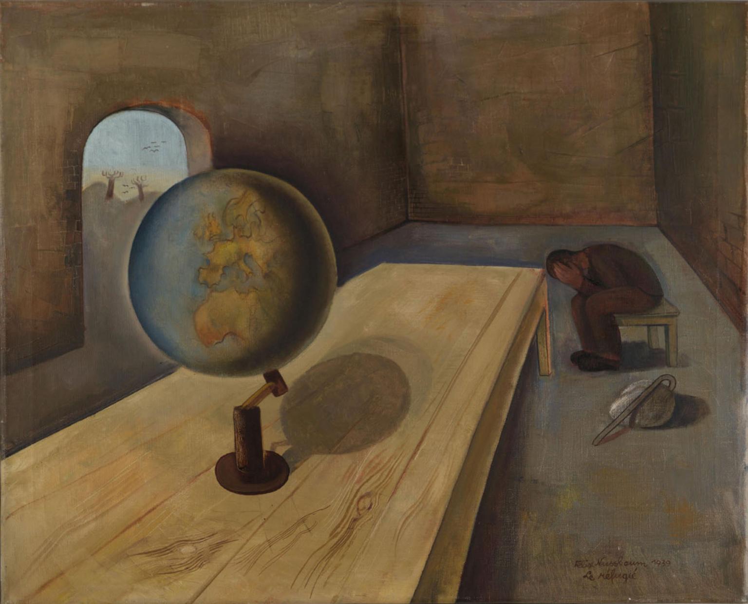 Painting of table displaying a large globe in foreground, as a man sits slumped in a chair with his head in hands in background.