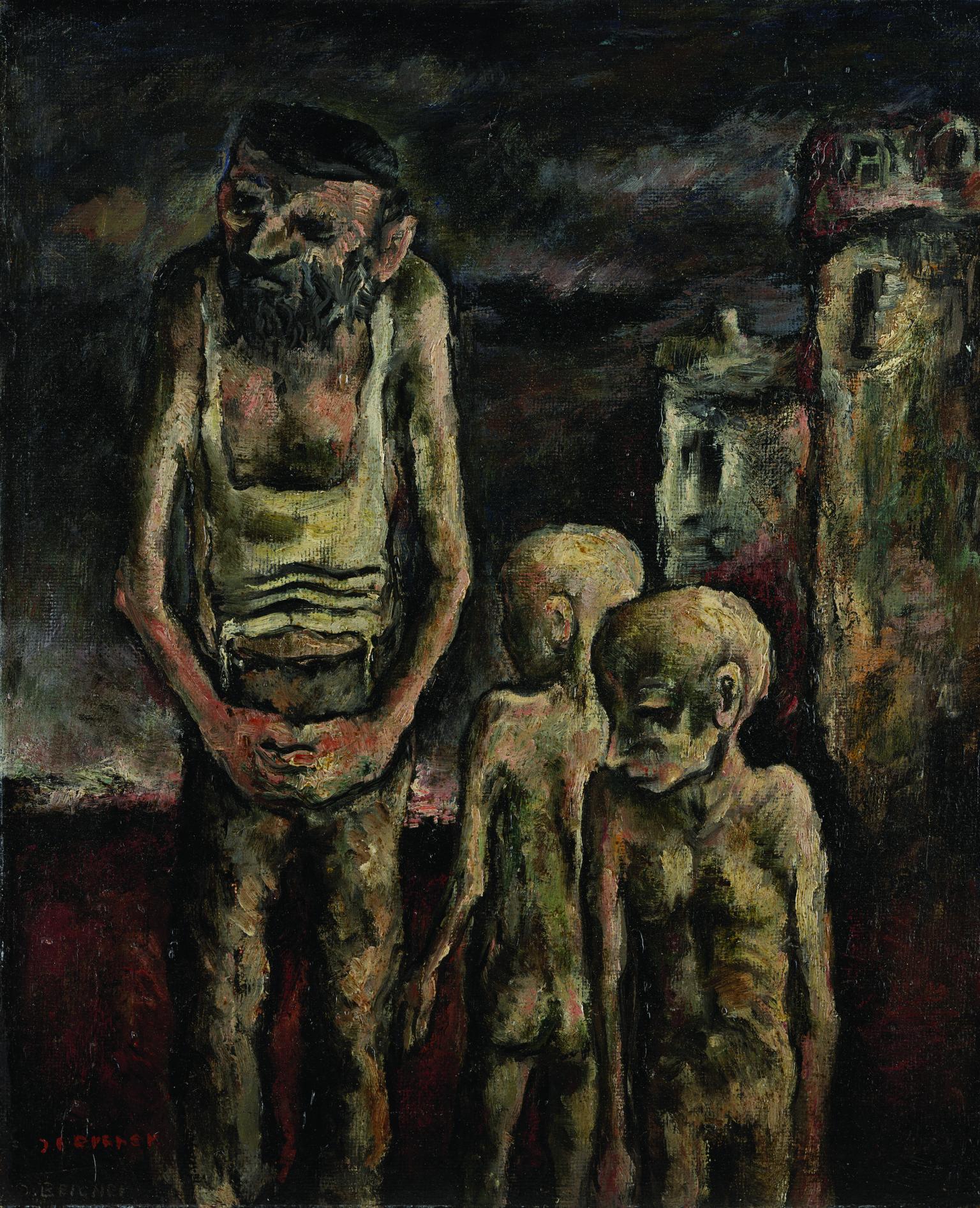 Painting of emaciated father with beard gazing to his right while his two nude and emaciated young sons stand next to him. Background is dark.