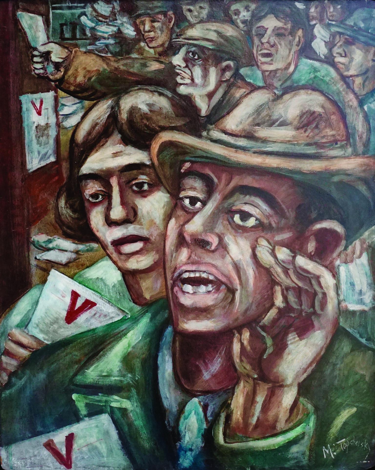 Painting of men and women calling out and waving leaflets with the letter "V" on them. 