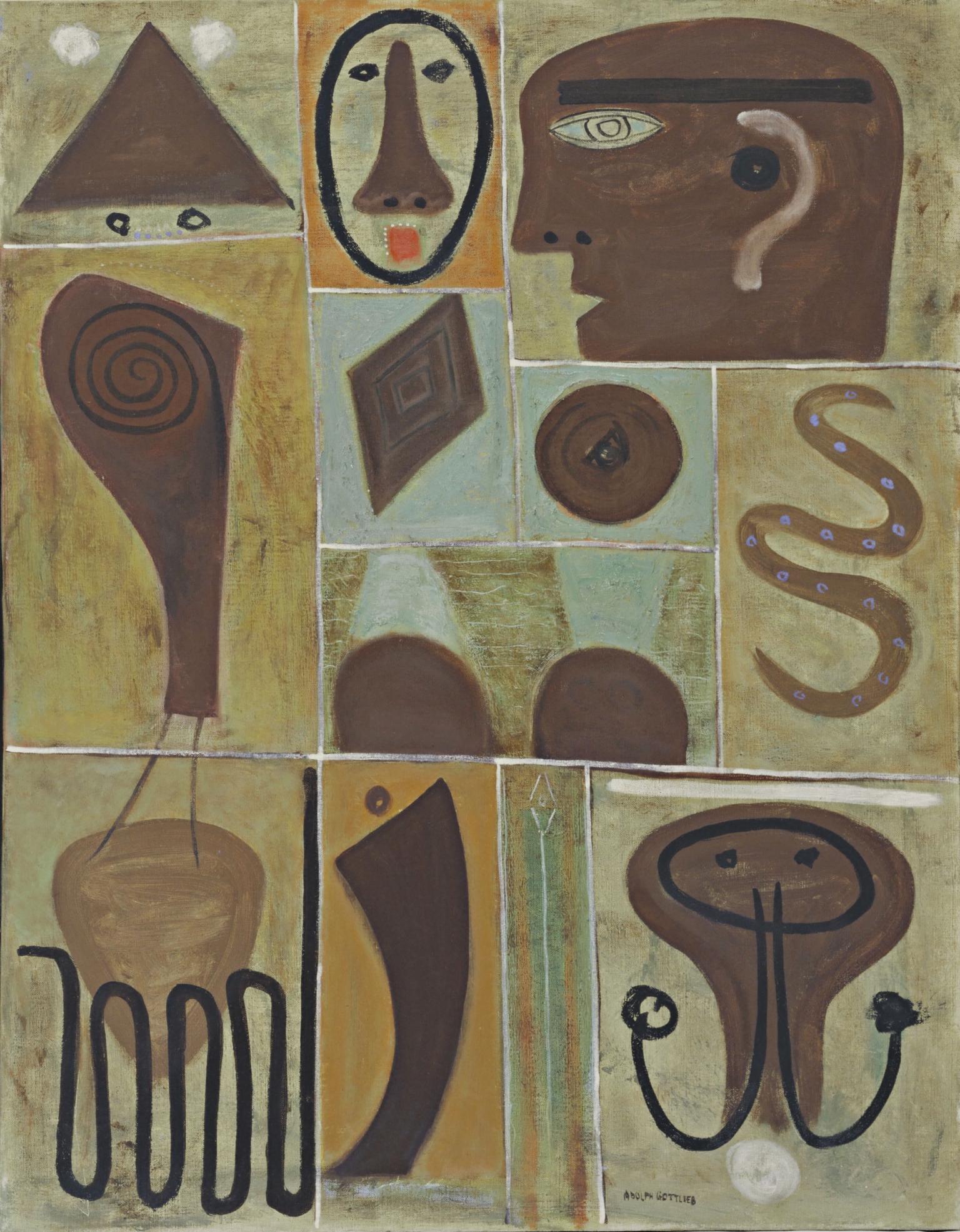 Pictographic paintings depicting geometric shapes and abstract faces in grid.