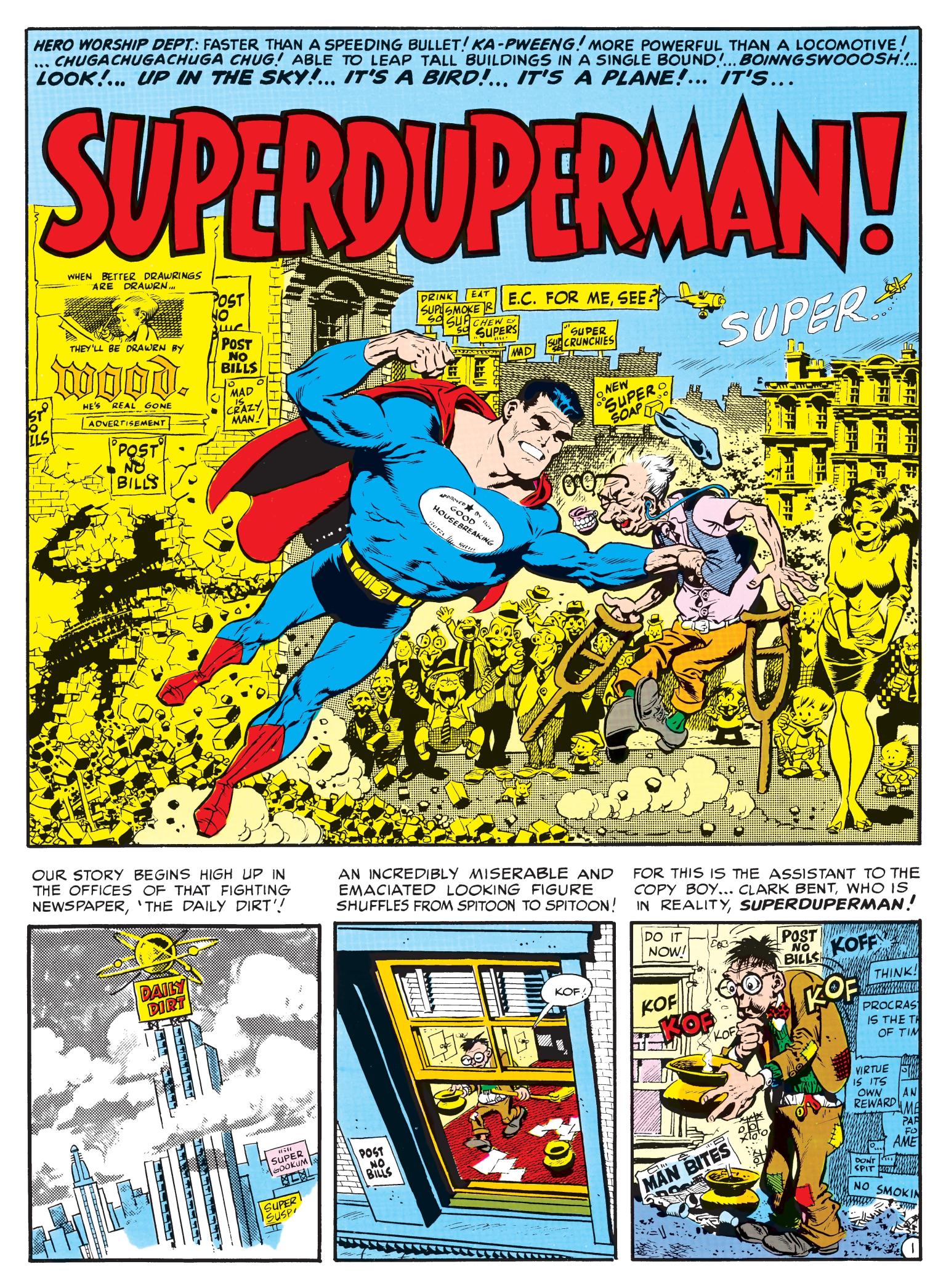 Comic book cover with the title "Superduperman" and a Superman-like figure in a cape who is attacking an elderly disabled man, surrounded by a crowd and a cityscape, with English text and three comic panels underneath, of the exterior of a skyscraper in the first panel, exterior of a window in the second panel, and interior of an office in the third panel.