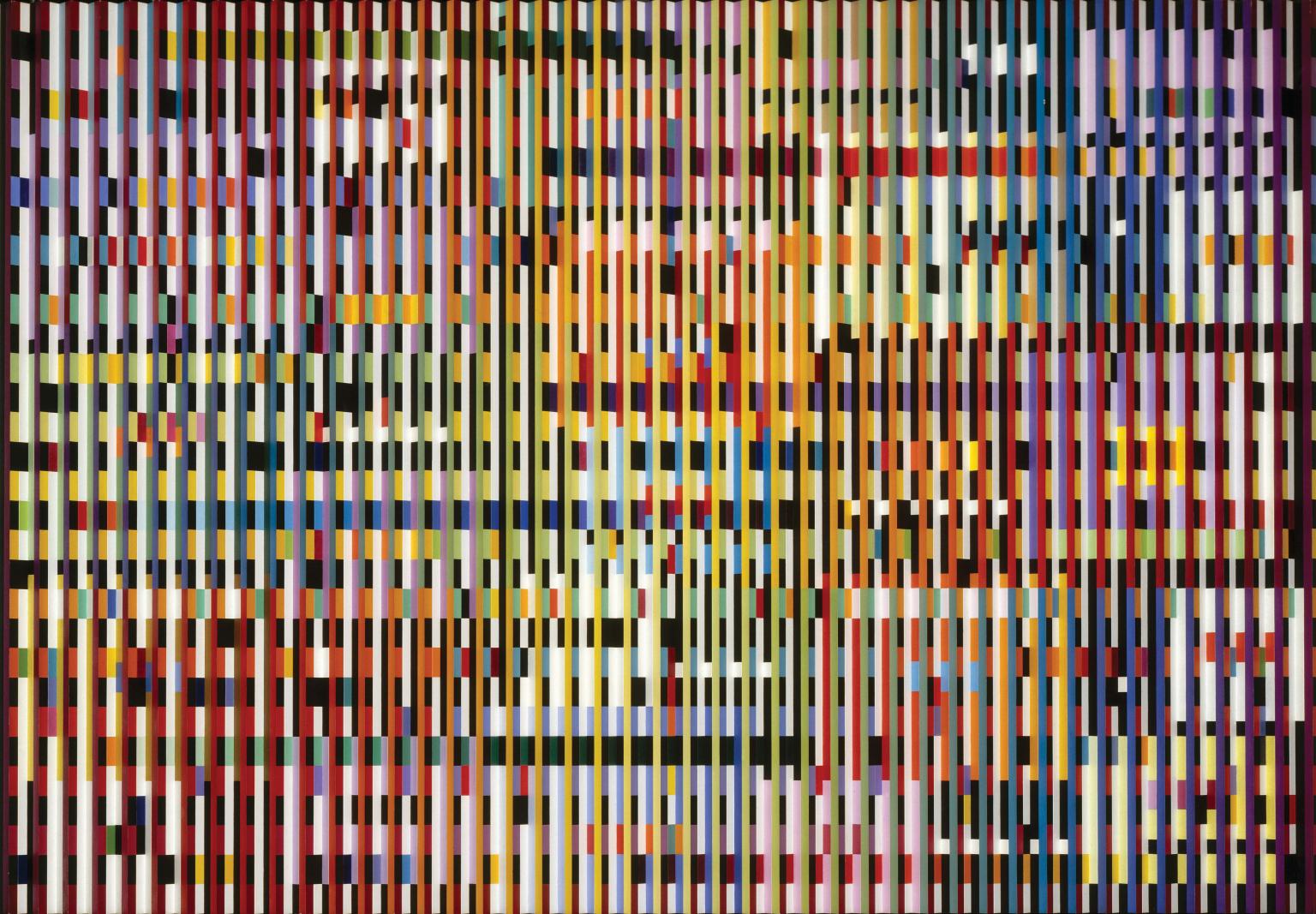 Three-dimensional abstract artwork, with patchy, multicolored narrow grids.