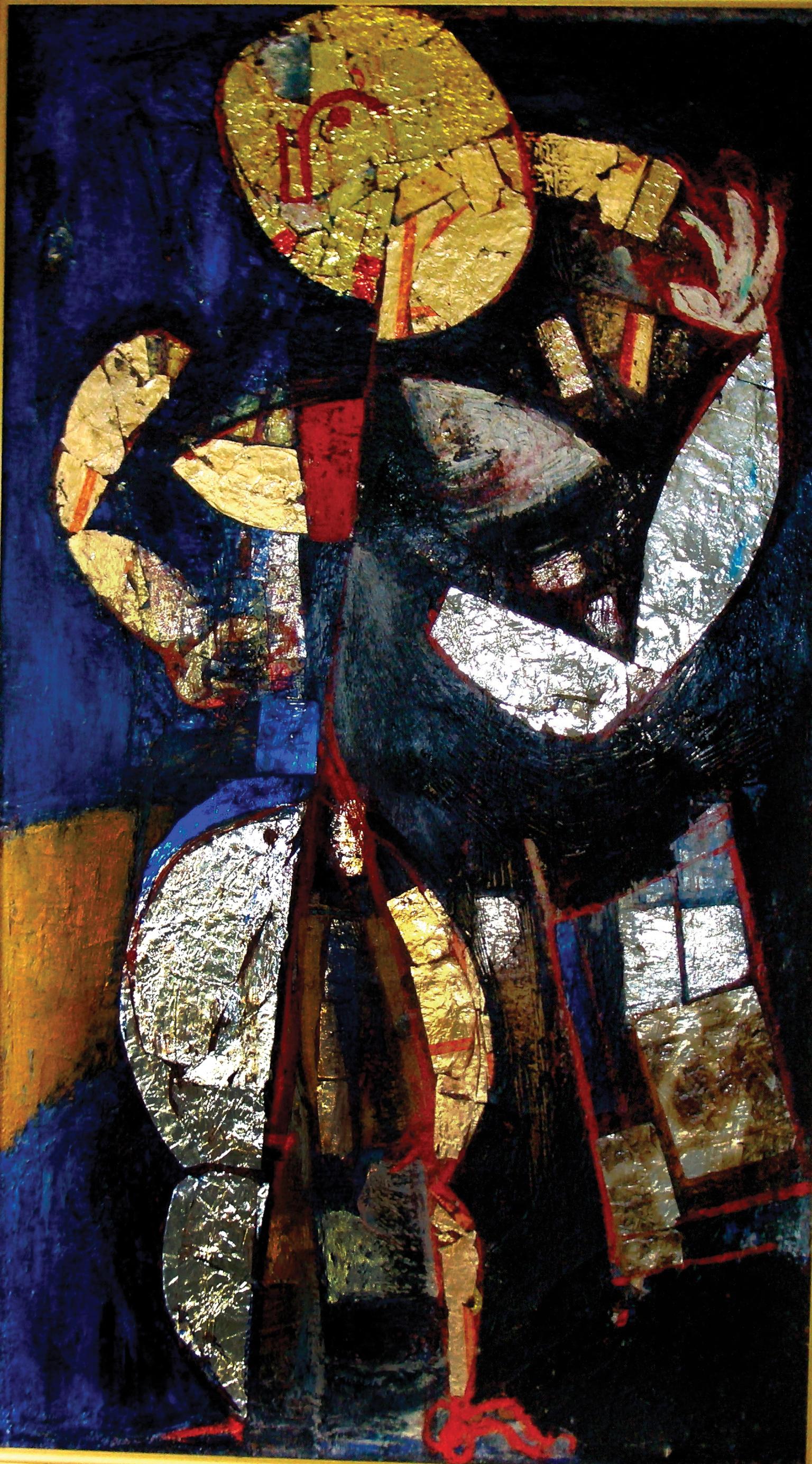 Abstract painting of geometric figures embracing.
