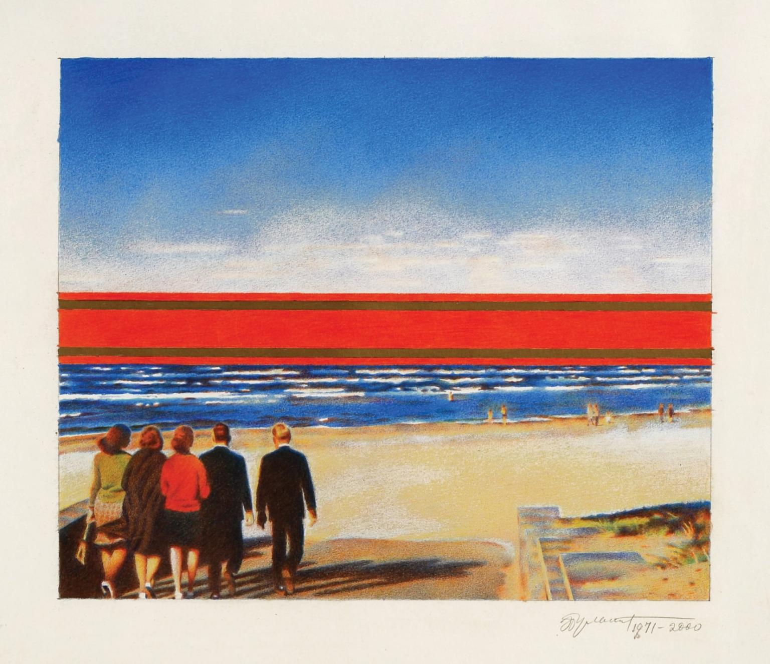 Painting depicting three women and two men walking toward the ocean, away from the viewer, into bright horizon.