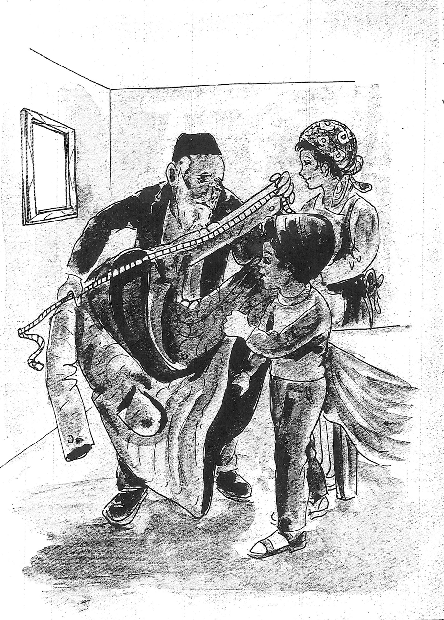Drawing of small boy next to a woman and a man holding up a measuring tape and a coat. 