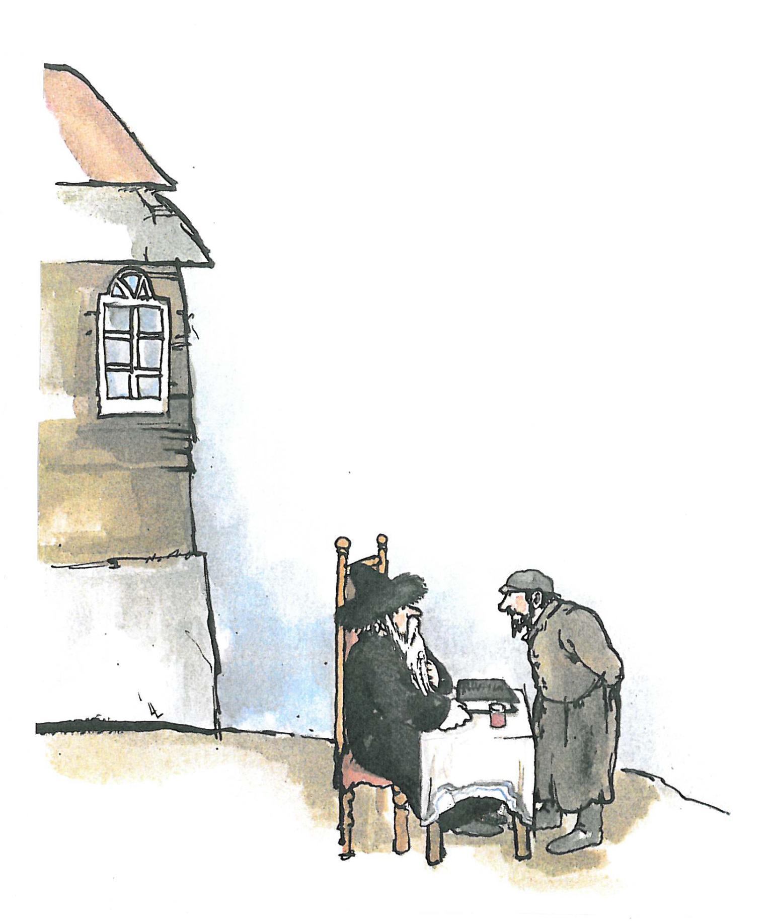 Painting of bearded man in hat sitting at a table with another man leaning across to talk to him, and exterior of building in the background.