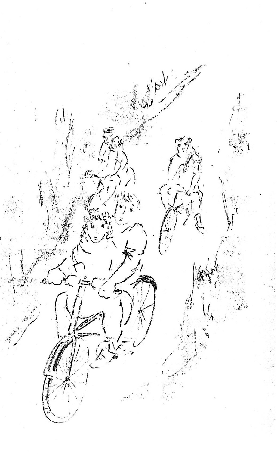 Drawing of people on bicycles. 