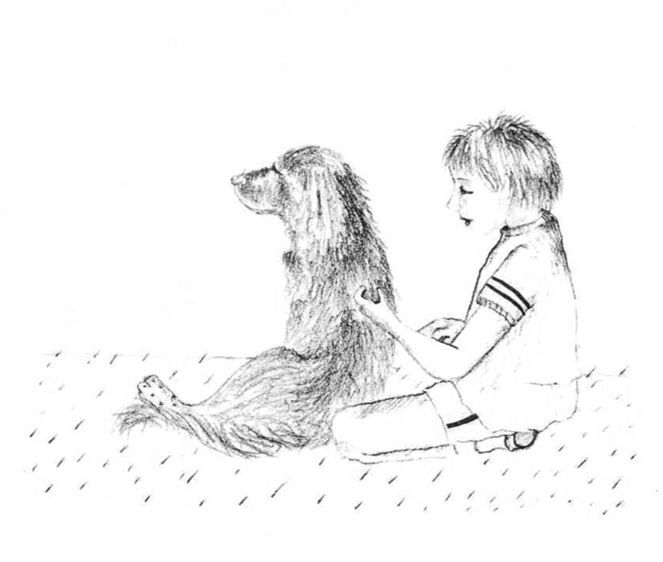 Drawing of child sitting next to dog. 