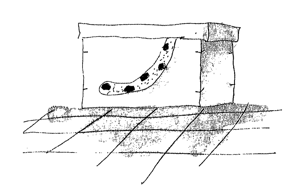 Drawing of box on floor with polka-dot tail hanging out. 
