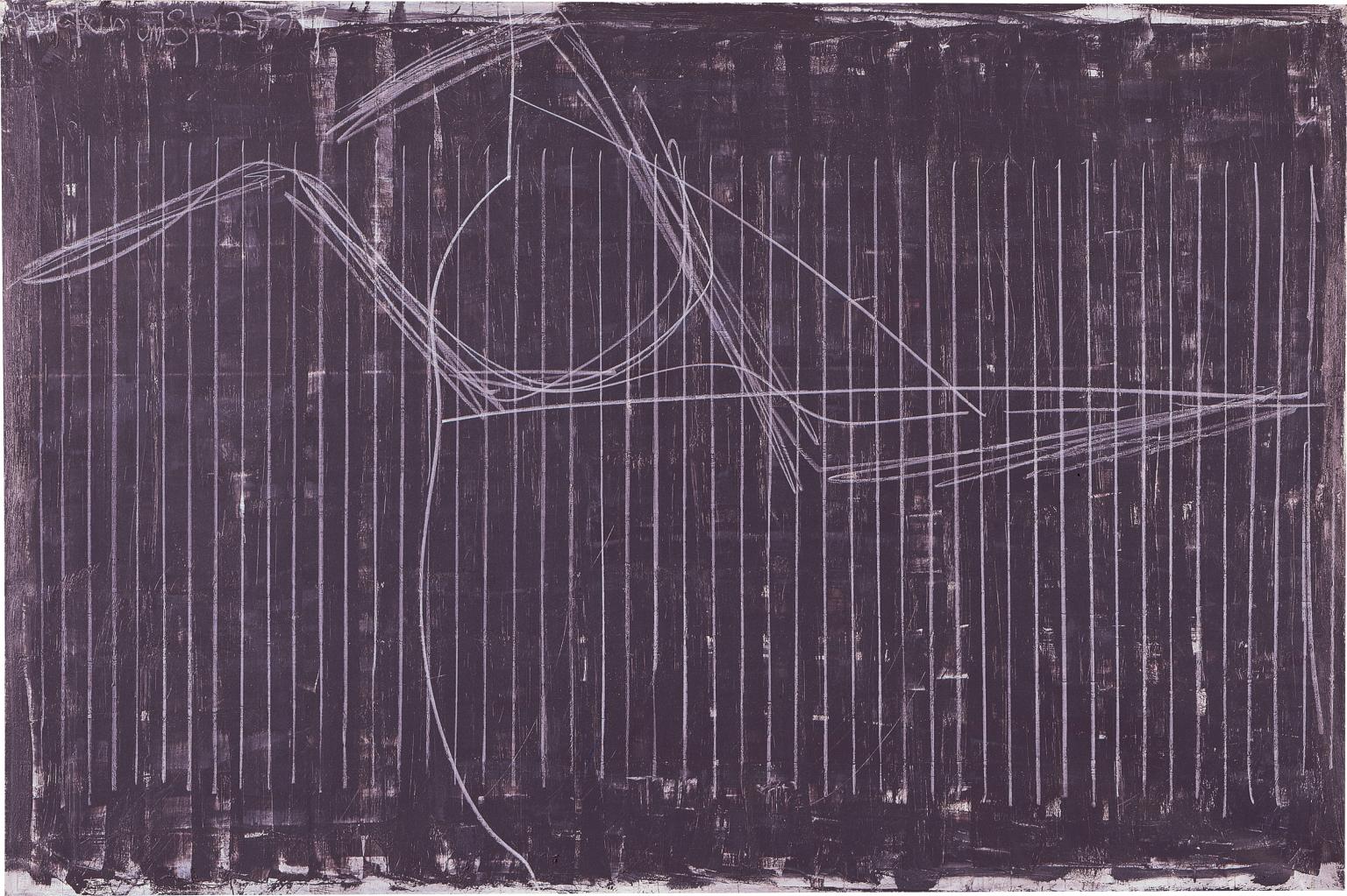 Painting featuring vertical serial lines with horizontal and tangled lines.