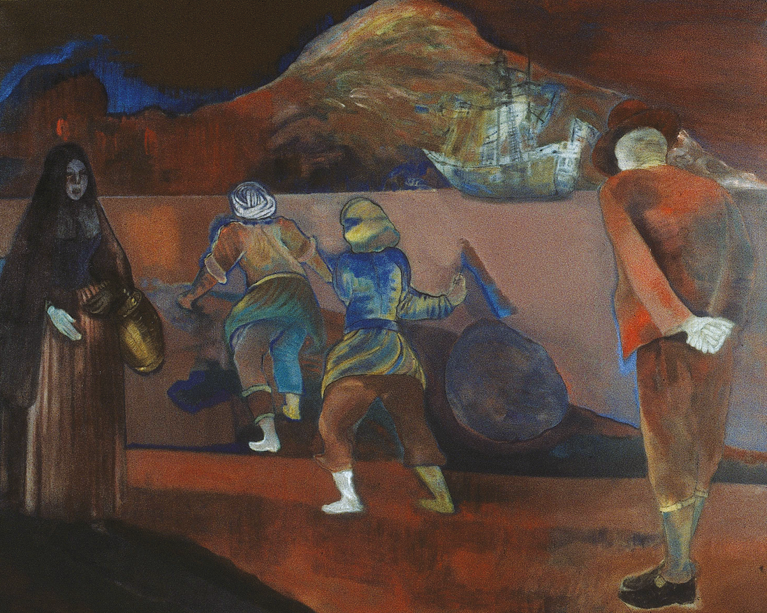 Painting depicting costumed figure raising left hand in the right foreground, who is watched by a seated person in shadow to the left, while a figure in background bows with hat in hand; painting of two figures running away from viewer followed by a figure with head bowed, and another figure facing viewer holding a basket, with a ship in the background. 
