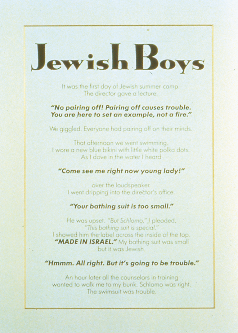 Frame with paper inside bearing the title "Jewish Boys" followed by a story in English.
