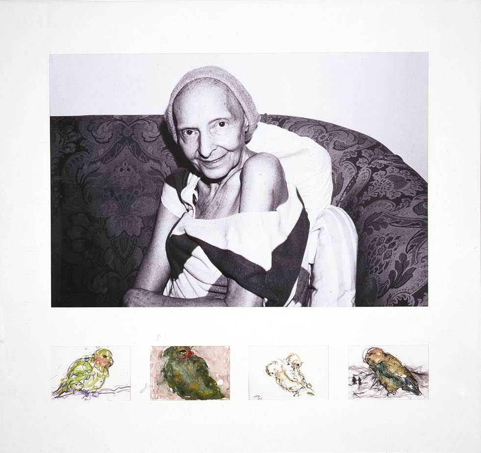 Photograph of older woman with head covering smiling at the camera, with small watercolor paintings of four birds below photograph.