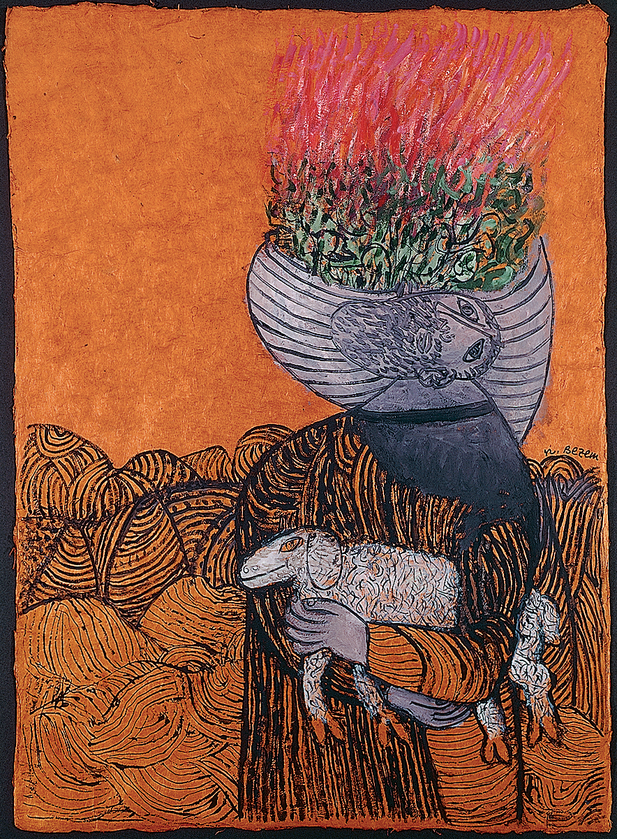 Abstract painting featuring shepherd with head turned up and planter overlaid on his face, holding lamb with mountains in background.