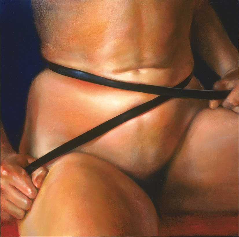 Painting of nude torso with leather strap wrapped around waist.