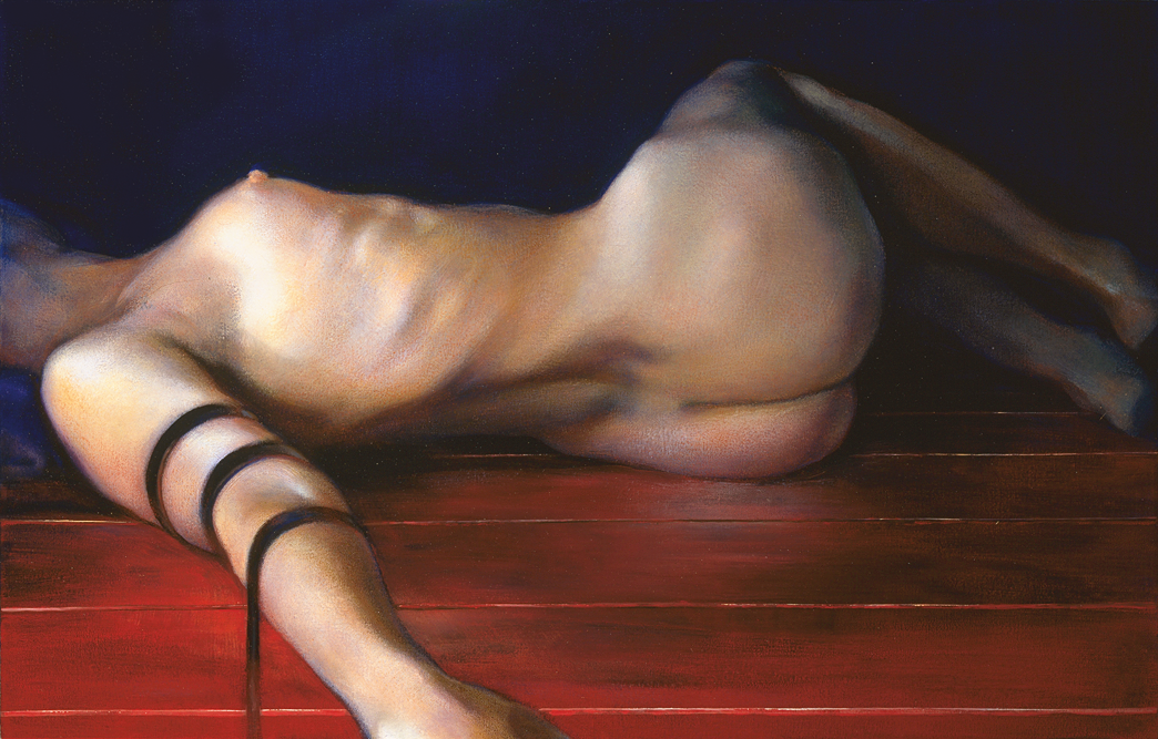 Painting of nude torso lying on side with leather strap over arm.