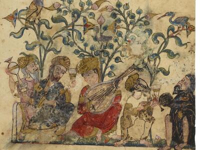 Illustration of five people in colorful robes and gold turbans sitting under trees, playing instruments and holding drinks, with Arabic lettering above.