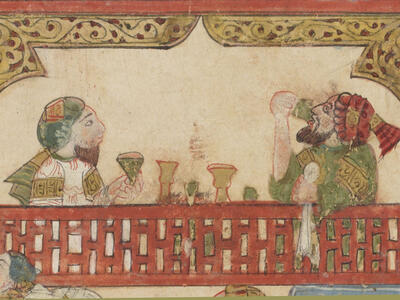 Illustration of two men in robes and turbans sitting behind railing, under a decorated covering, drinking from goblets and talking.