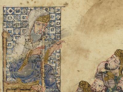 Illustration of bearded man in a turban and hood sitting atop a golden stepped platform with a blue tiled background, speaking to four bearded, turbaned men crouched at the foot of the stairs.