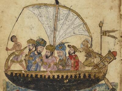 Illustration of six bearded, turbaned men and a shirtless boy on a wooden sailboat in fish-filled water, below a line of Arabic script.