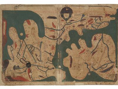 Map showing land, seas, rivers, mountains, and other geographic features, labeled in Arabic script.