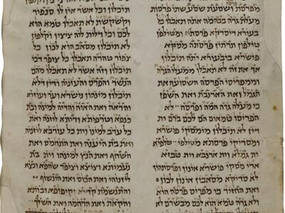 Worn page with two columns of writing in Hebrew script.