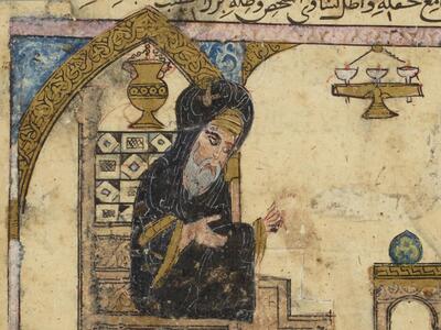 Illustration of a white-bearded, turbaned man on a stepped platform gesturing with his hands, surrounded by ornate objects and decorations, with a partially visible line of Arabic at the top.