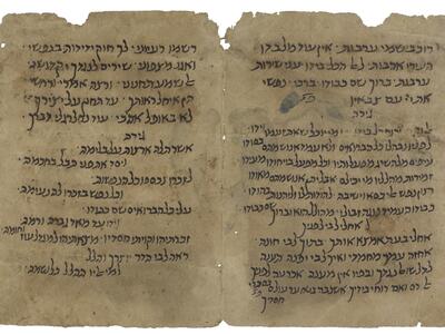 Worn and stained facing manuscript pages in Hebrew script.
