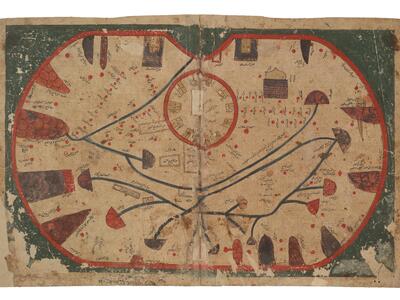 Two facing pages displaying a multi-colored map with abstract landforms, rivers, and labels in Arabic script.