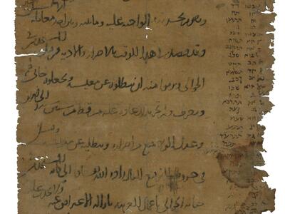 Frayed vertical parchment mainly filled with Arabic script, with smaller denser Hebrew (Ladino) script in the margins, consisting of two columns of words in the right column and a paragraph at the bottom.