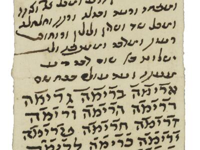 Narrow vertical parchment filled with vowelless Hebrew script, some with dashed lines over it, and a six-pointed star at the bottom with Hebrew script within and surrounding it and a symbol repeated in the points.