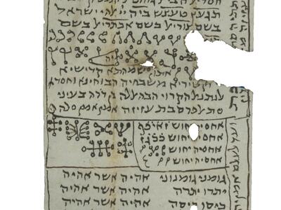 Long, narrow, damaged vertical parchment with dense Hebrew script, occasionally underlined or boxed, and with various diagrams and symbols scattered throughout and text running along the right edge, which has several large gouges and holes.