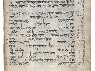 Manuscript page of Hebrew script, in a short paragraph followed by staggered lines, surrounded by smaller vowelless notes.