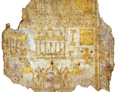 Fragment of damaged parchment with ornate gold designs and depictions, including a candelabrum and other ritual objects, geometric and floral patterns, and architectural features.