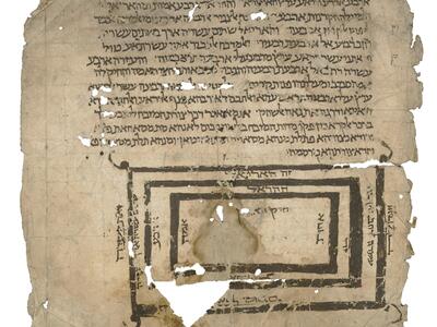 Damaged manuscript page with a paragraph of Hebrew above a diagram of labelled concentric bold rectangles with flourishes at the outside corners.