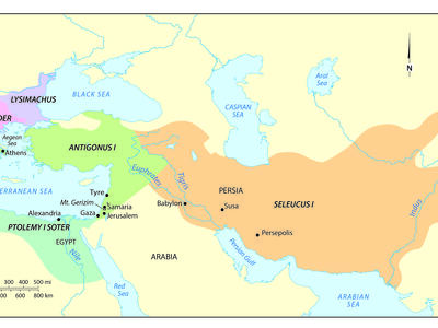 Map showing the division of Alexander the Great's empire among his successors: Cassander (Greece), Lysimachus (Thrace), Antigonus I (Asia Minor), Ptolemy I Soter (Egypt), and Seleucus I (Persia). Major cities are labeled.