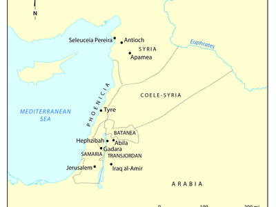 Map showing ancient regions in the eastern Mediterranean, including Phoenicia, Coele-Syria, Syria, Samaria, and Transjordan, with cities such as Tyre, Antioch, and Jerusalem labeled.