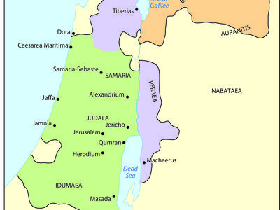 Map showing the division of Herod's kingdom among his sons: Archelaus (Samaria, Judaea, and Idumaea), Antipas (Galilee and Peraea), and Philip (Batanaea, Trachonitis, and Auranitis), with labeled cities and surrounding regions.