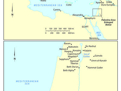 Map showing the eastern Mediterranean region in ancient times, with the sites of ancient synagogues labeled. The bottom section enlarges the area around the Sea of Galilee and Dead Sea.