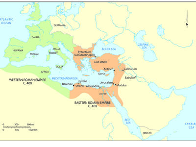 Map showing the Western Roman Empire in green and the Eastern Roman Empire in orange around 400 CE, with major cities, seas, and regions labeled, spanning parts of Europe, North Africa, and the Middle East.