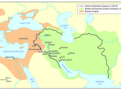 Map showing the extents of the Parthian Empire in 220 CE, the Sasanian Empire in 270 CE, and the Roman Empire, with labeled cities, regions, and bodies of water in the Middle East and surrounding regions.