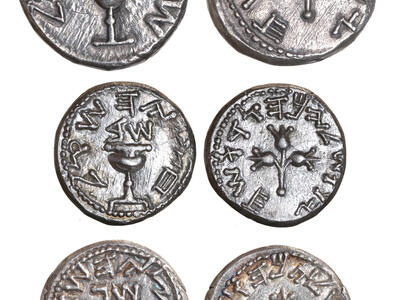 Front and back images of three ancient silver coins arranged in three rows. The front of each coin, shown on the left, depicts a chalice with Paleo-Hebrew script around the edge. The back of each coin, shown on the right, depicts a stylized plant surrounded by Paleo-Hebrew script.